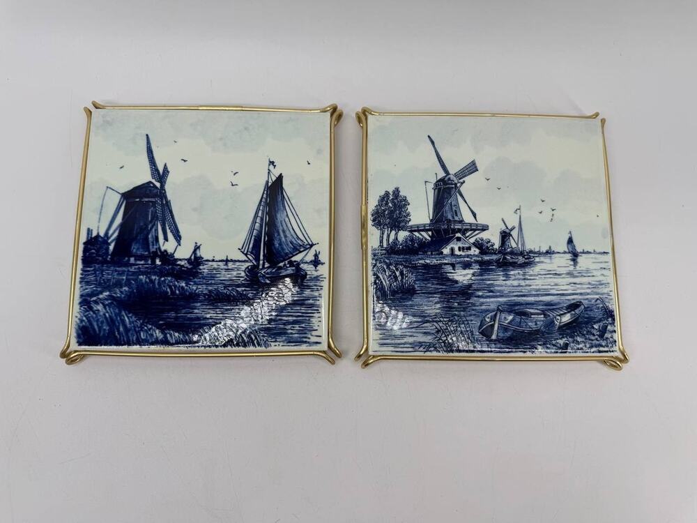 Lot Of 2 Vintage Delft Blue Tiles Holland Windmills Boats Handpainted Wall Art
